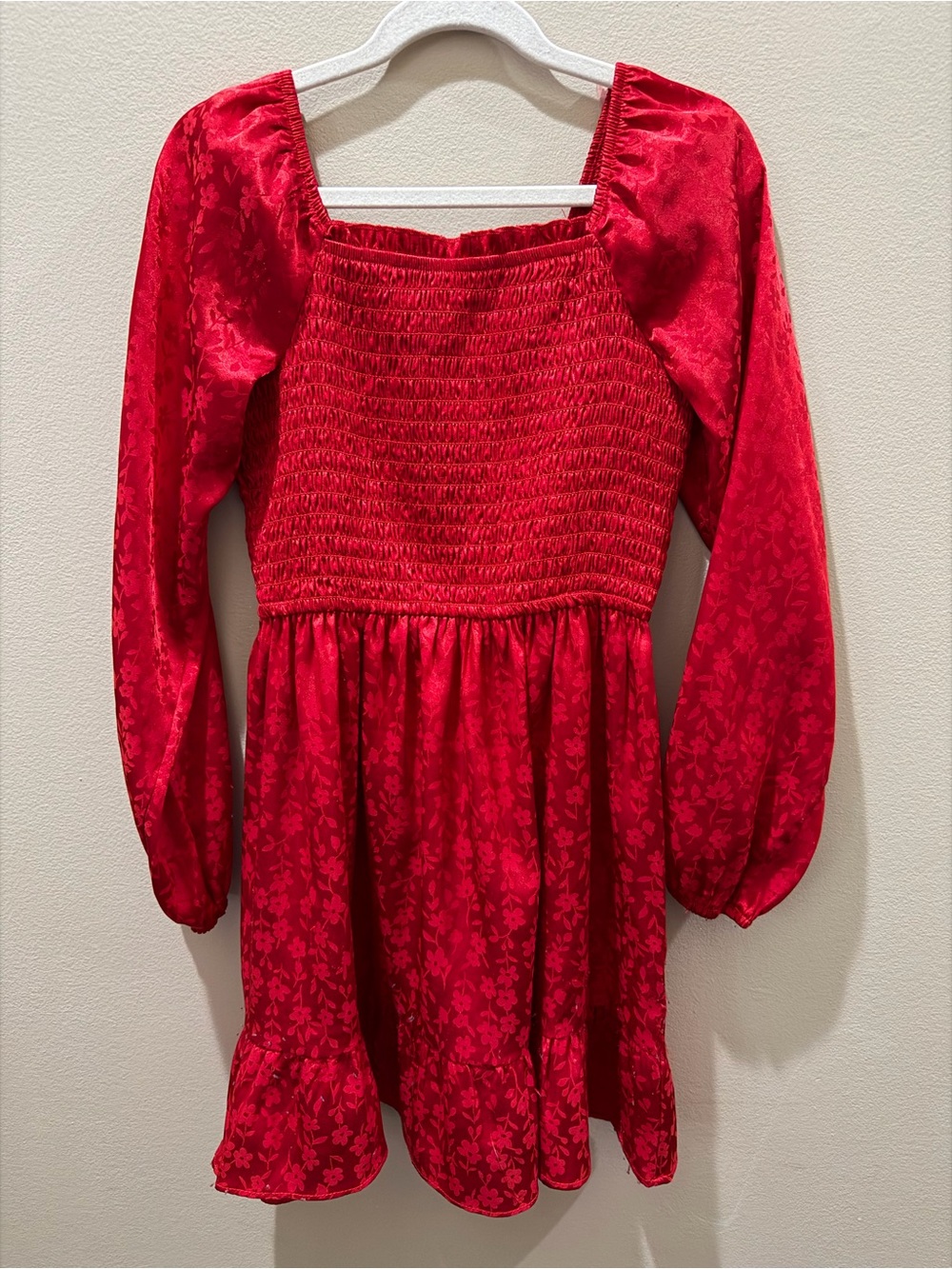 YM Red Floral Satin Smocked Long Sleeve Dress